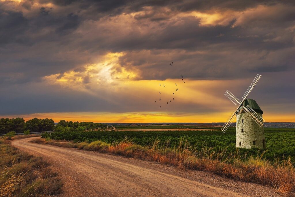 field, mill, sunset